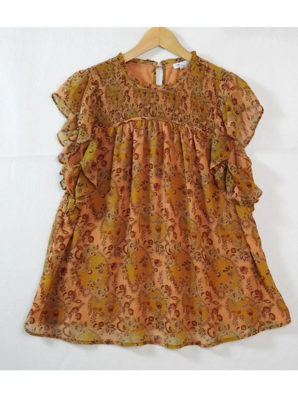 Carolina Belle Montreal Floral Smocked Flutter Sleeve Blouse XL Boho Top Orange - Picture 2 of 8